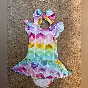 🌈 Little Bum Bums Bamboo Twirl Skirt Bodysuit with matching bow–Size 6–12 Months